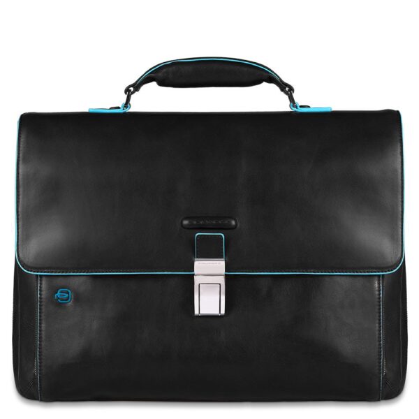 Leather briefcase with flap and Piquadro closure